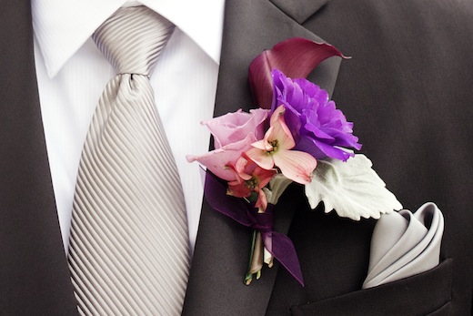 boutonniere with calla, dogwood and lisianthus