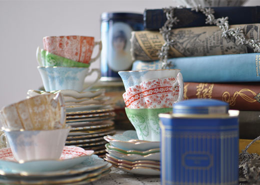 books, teacups and biscuit tins