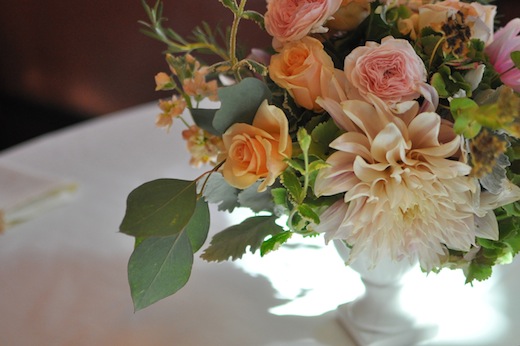 peach and pink wedding flowers with herbs