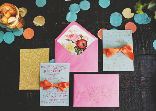 pink, turquoise and gold invitation design sponge