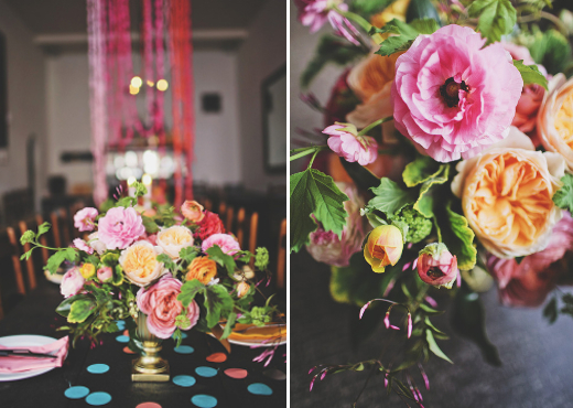 pink orange and yellow floral centerpiece design sponge polka dot confetti