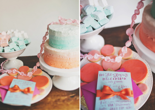 coral and turquoise wedding dessert table design sponge