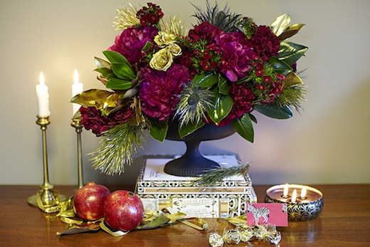 finch.thistle.pink.gold.glam.holiday.centerpiece.black vase.design sponge