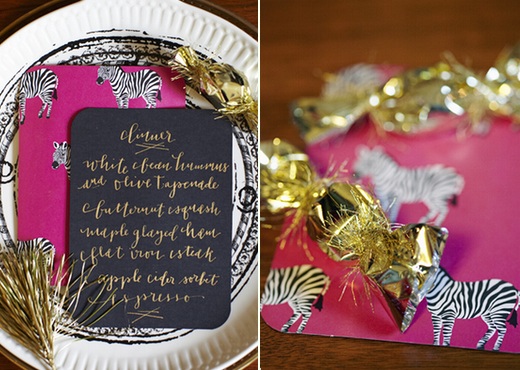 gold calligraphy pink zebra paper gold favors