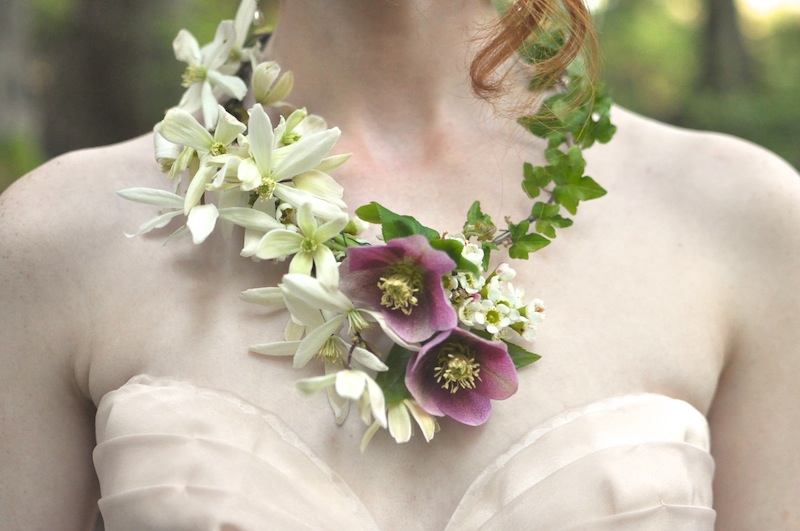 real flower necklace, seattle event designer, finch and thistle event design